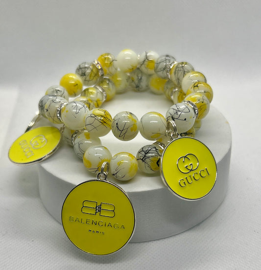 Yellow, Black & White Twisted Bohemian Charm Bracelet
