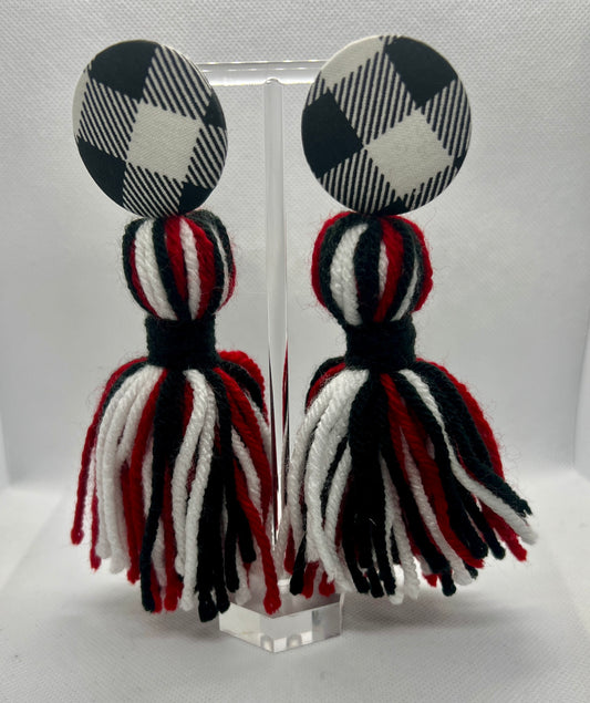 Red, Black & White Button Tassel Earrings