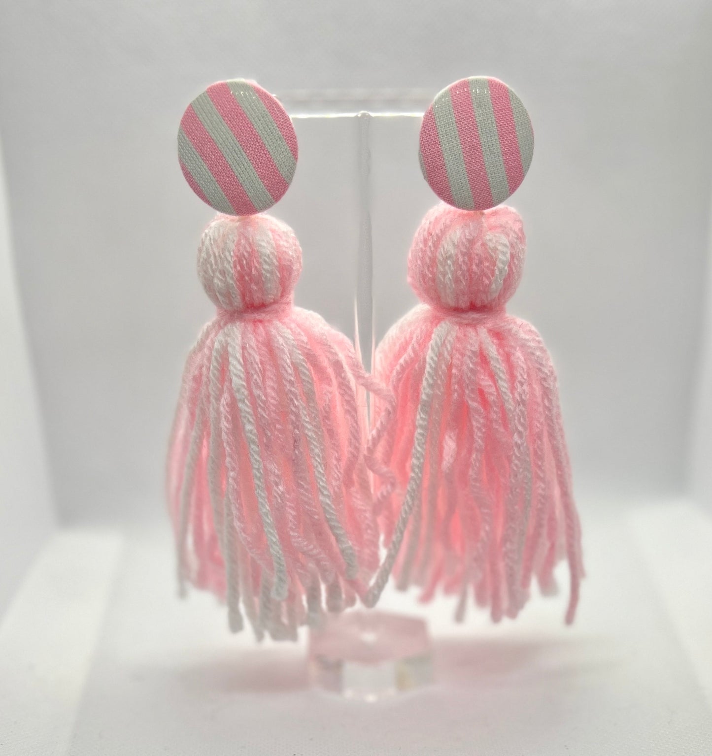 Pink & White Button Tassel Earrings