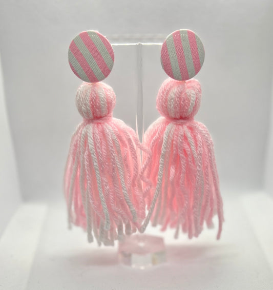 Pink & White Button Tassel Earrings