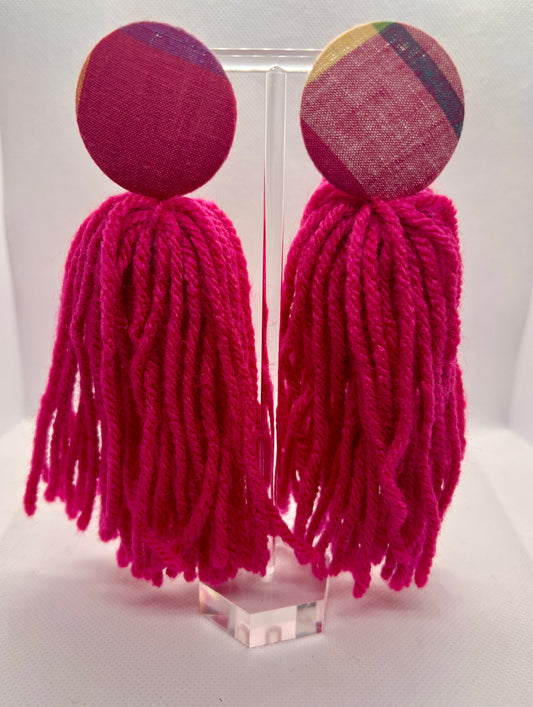 Hot Pink Button Tassel Earrings