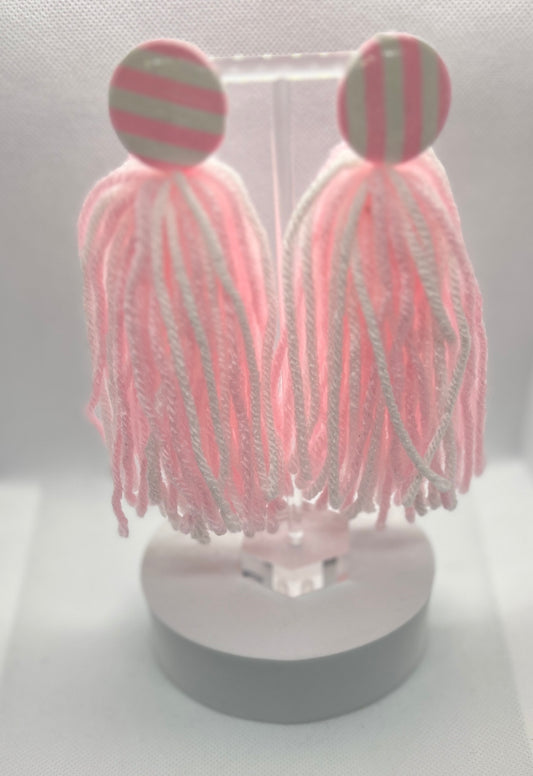 Baby Pink & White Button Tassel Earrings