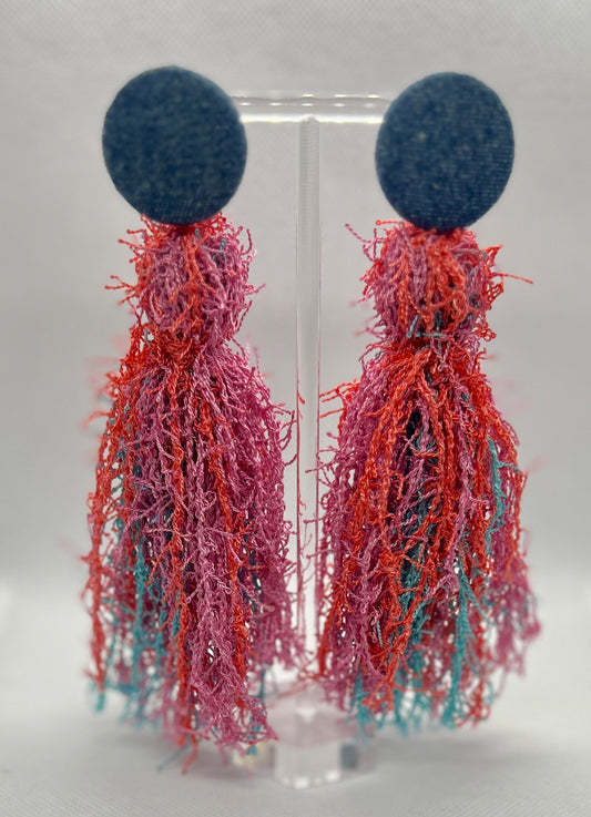 Colored Button Scrubby Tassel Earrings