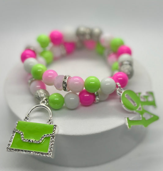 Pink, Green & White Charm Bracelet