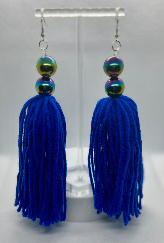 Blue Beaded Tassel Earrings