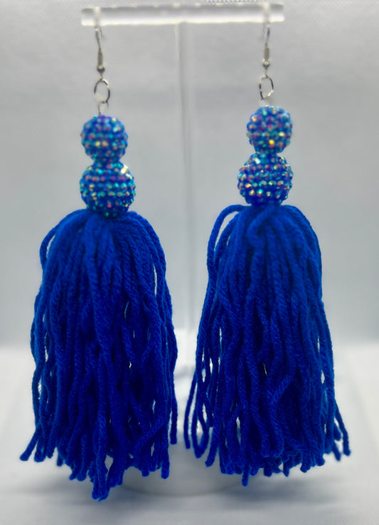 Royal Blue Beaded Tassel Earrings