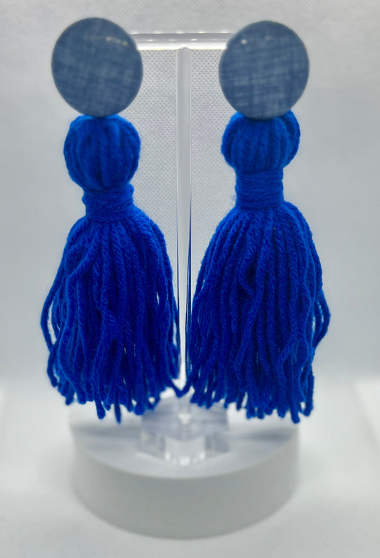 Royal Blue Button Tassel Earrings